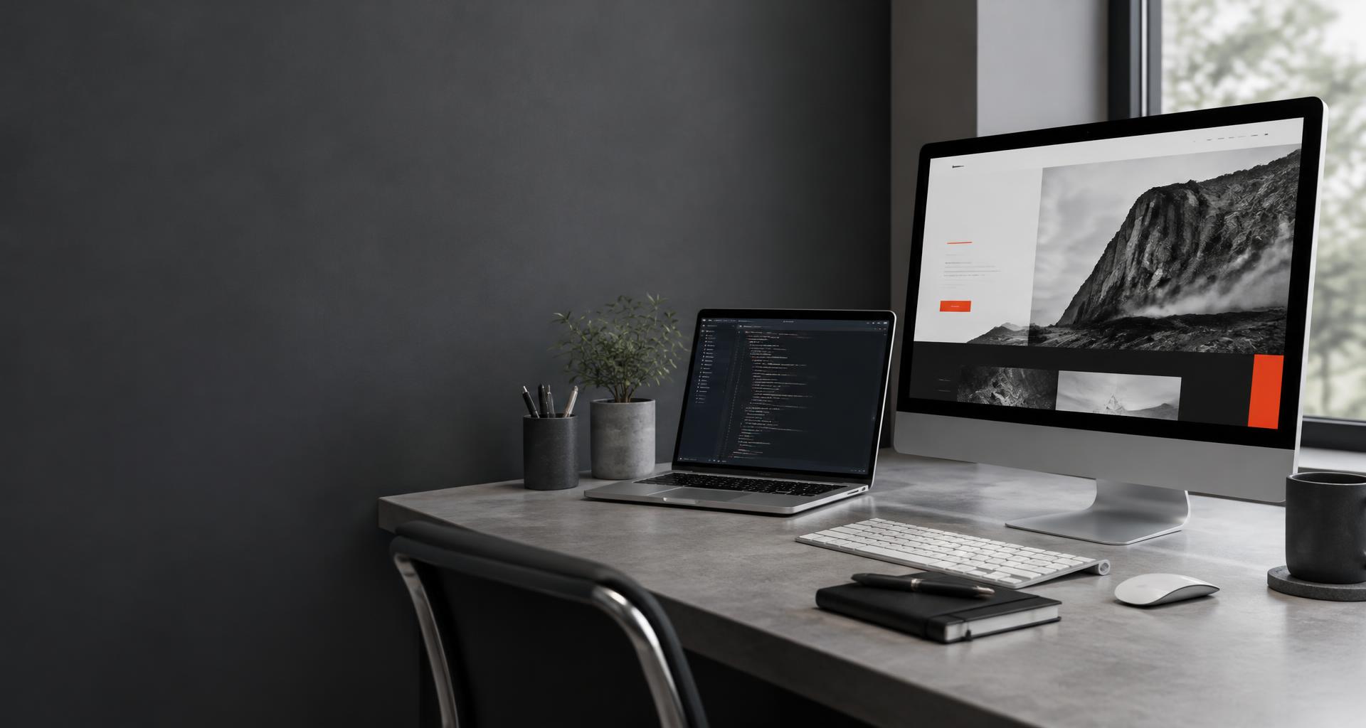 Professional web-design workspace with a website on a desktop monitor and code on a laptop